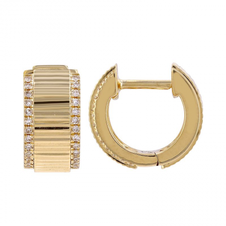 14K Yellow gold Diamond Border Fluted Huggie Hoop Earrings-Earrings-Maurice's Jewelers-