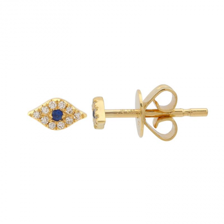 14K Yellow Gold Diamond + Sapphire Evil Eye Mini Earrings