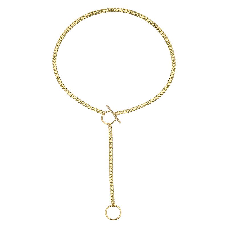 14K Yellow Gold Diamond Cuban Link Lariat Necklace