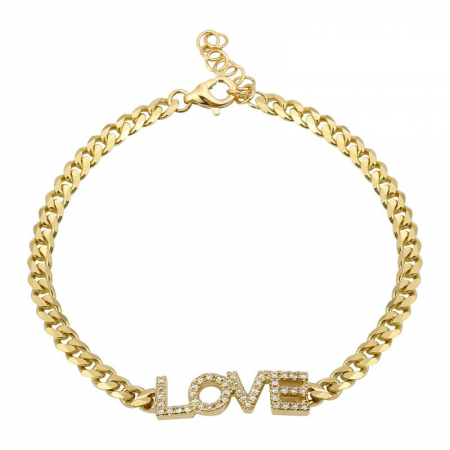 14K Yellow Gold Diamond Love Curb Link Bracelet