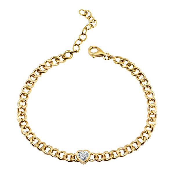 14k Yellow Gold Cuban Link White Topaz Heart Bracelet