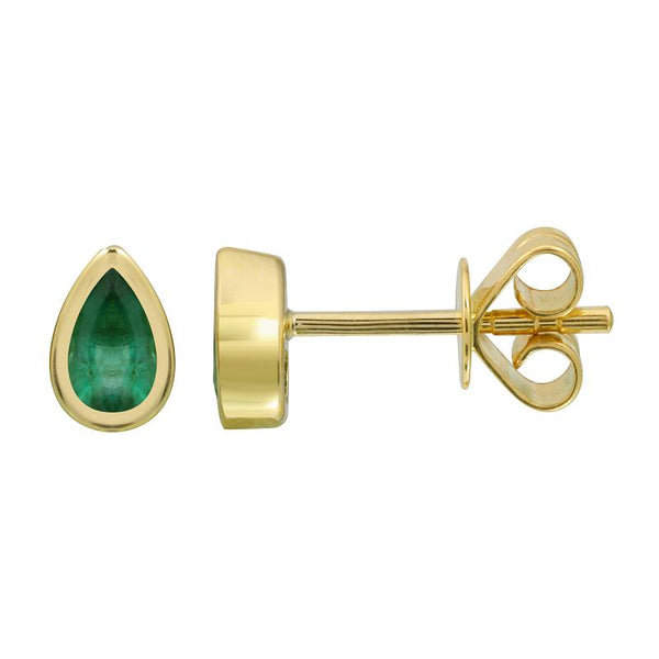 14K Yellow Gold Pear Shaped Emerald Bezel Stud Earrings