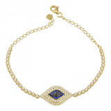 14k Yellow Gold Evil Eye & Crown Prong Diamond Tennis Chain Bracelet