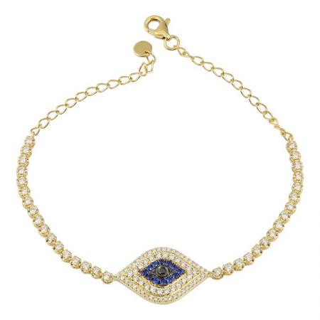 14k Yellow Gold Evil Eye & Crown Prong Diamond Tennis Chain Bracelet