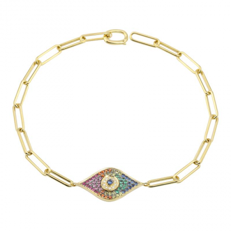 14k Yellow Gold Rainbow Evil Eye Paper Clip Link Bracelet