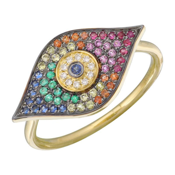 14K Yellow Gold Rainbow Evil Eye Ring-Rings-Maurice's Jewelers-