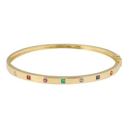 14K Yellow Gold Round + Square Multi Gemstone Bangle