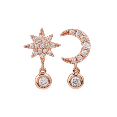 14k Rose Gold Moon & Star Diamond Stud Earrings