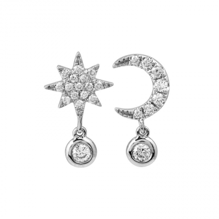 14k White Gold Moon & Star Diamond Stud Earrings