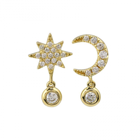 14k Yellow Gold Moon & Star Diamond Stud Earrings-Earrings-Maurice's Jewelers-