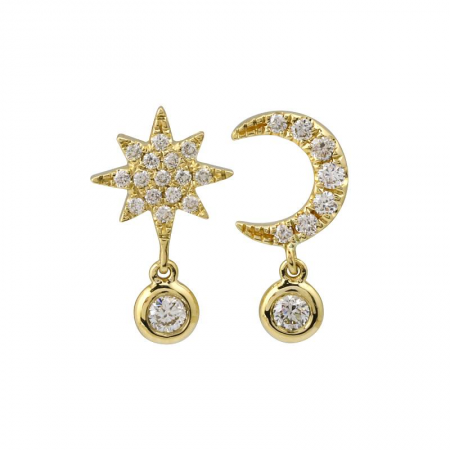 14k Yellow Gold Moon & Star Diamond Stud Earrings