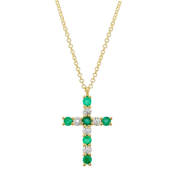 14k Yellow Gold Diamond and Emerald Cross Necklace-Necklaces-Maurice's Jewelers-
