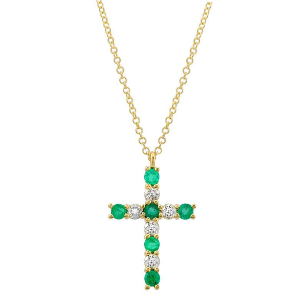 14k Yellow Gold Diamond and Emerald Cross Necklace