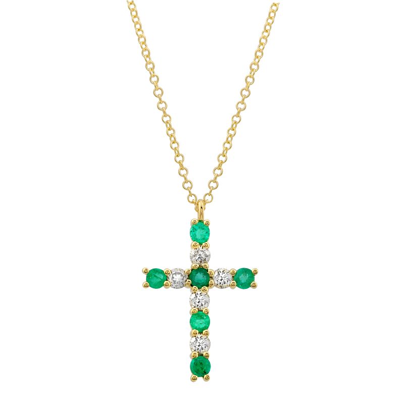 14k Yellow Gold Diamond and Emerald Cross Necklace-Necklaces-Maurice's Jewelers-