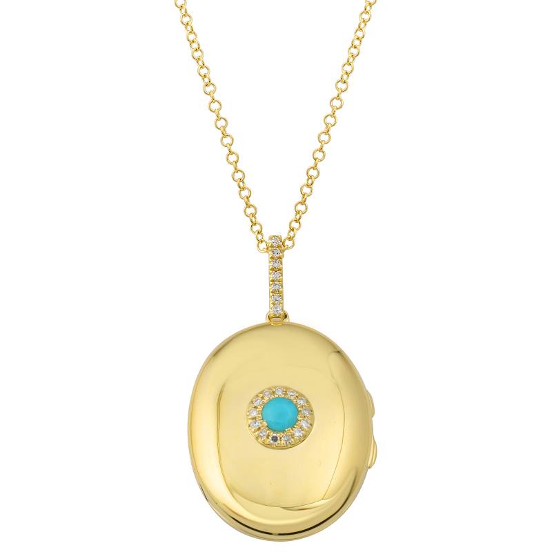 14K Yellow Gold Turquoise Diamond Locket Necklace