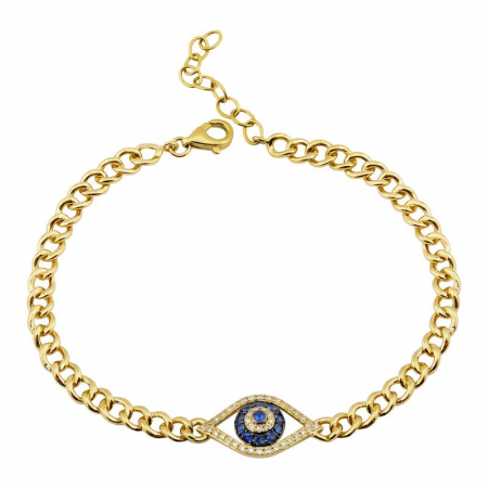 14k Yellow Gold Evil Eye & Cuban Link Chain Bracelet