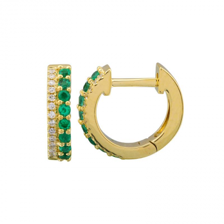 Yellow 14K Diamond Emerald Double Row Huggie Earrings