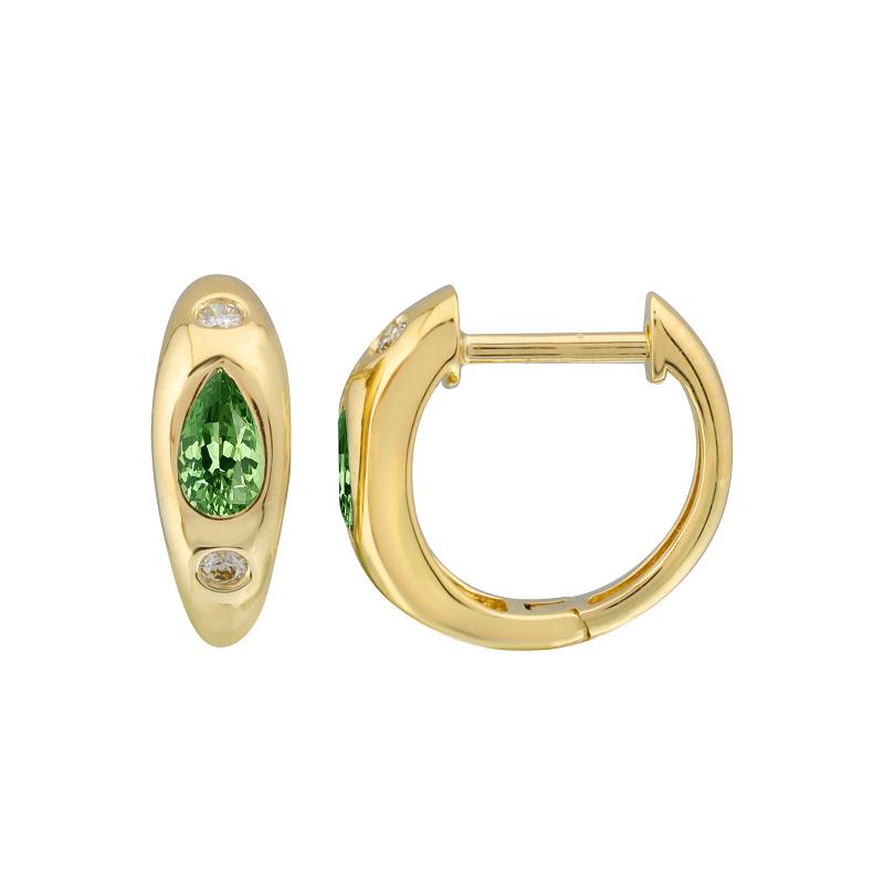 14K Yellow Gold Diamond + Emerald Huggie Earrings