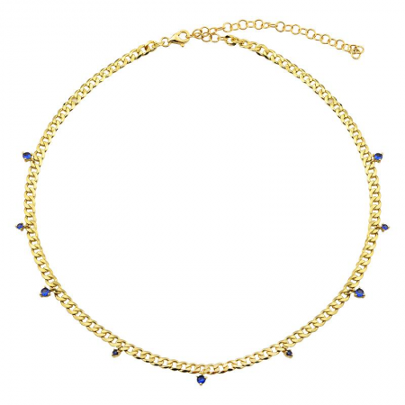 14k Yellow Gold Blue Sapphire Cuban Link Chain Necklace