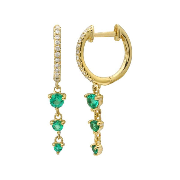 14k Yellow Gold Diamond and Emerald Dangle Huggie Hoop Earrings