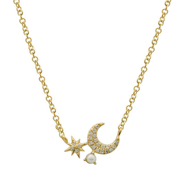 14k Yellow Gold Diamond and Pearl Moon and Star Necklace