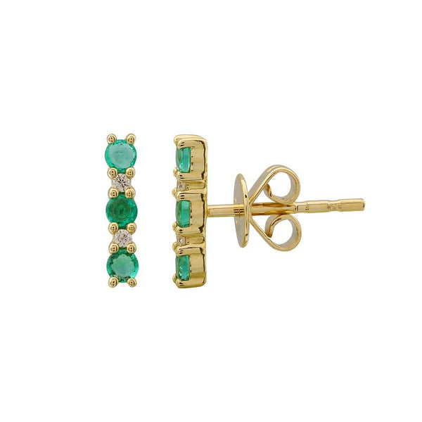 14k Yellow Gold Diamond and Emerald Bar Earrings