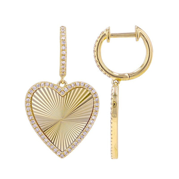 14K Yellow Gold Diamond Fluted Heart Dangle Huggie Earrings-Earrings-Maurice's Jewelers-