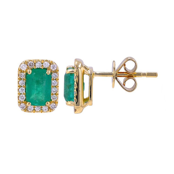 14K Yellow Gold Diamond and Emerald Stud Earrings