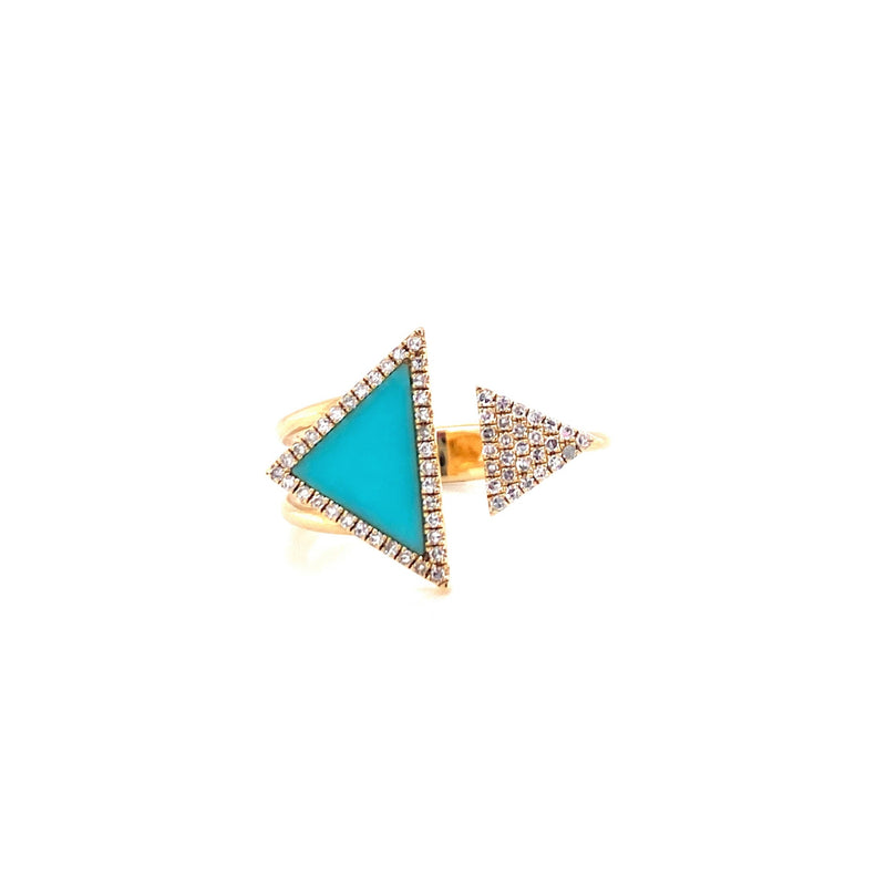 14K Yellow Gold Diamond + Turquoise Triangle Open Cuff Ring