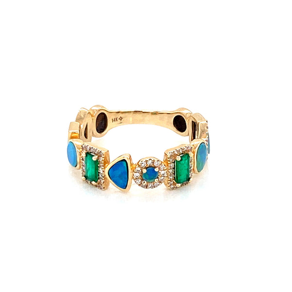 14K Yellow Gold Diamond + Emerald + Opal Multi Shape Ring-Rings-majolie-