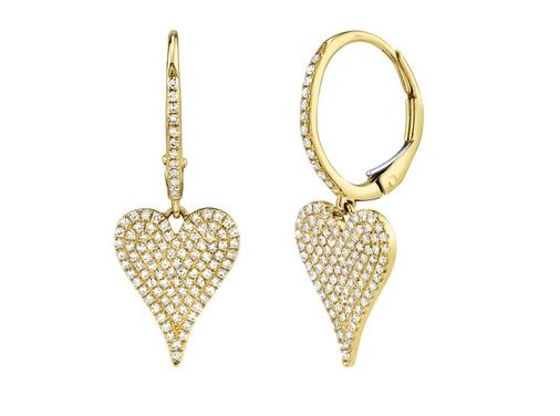 14K Yellow Gold Diamond Pave Heart Dangle Earrings
