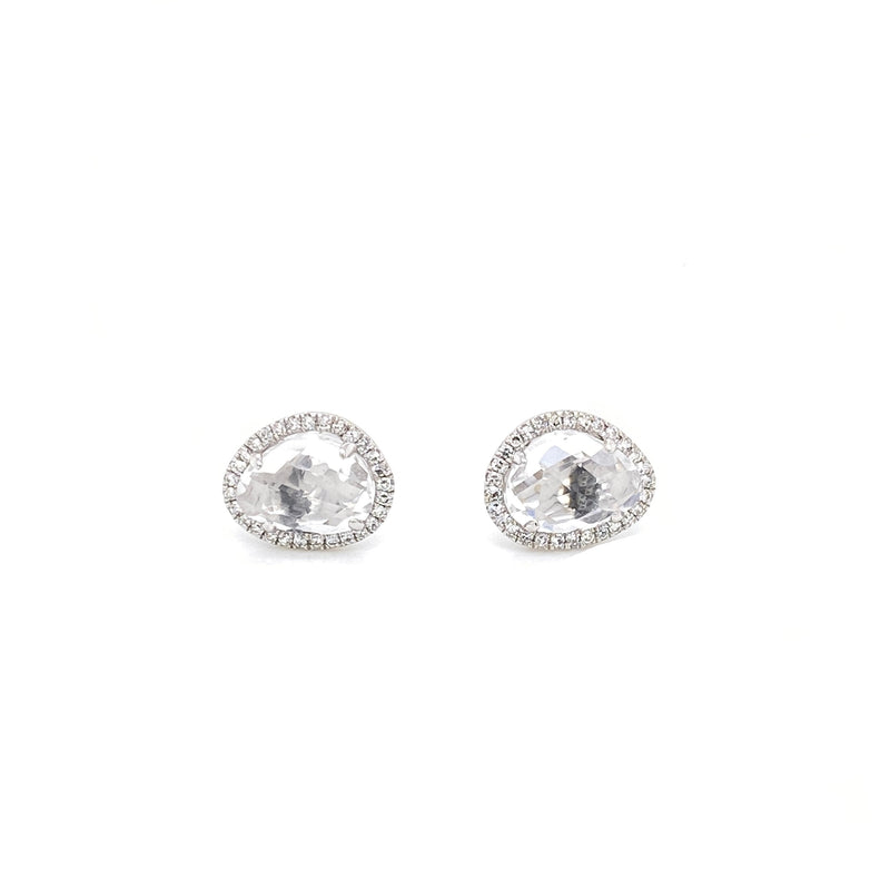 14K White Gold Round Diamond + White Topaz Stud Earrings