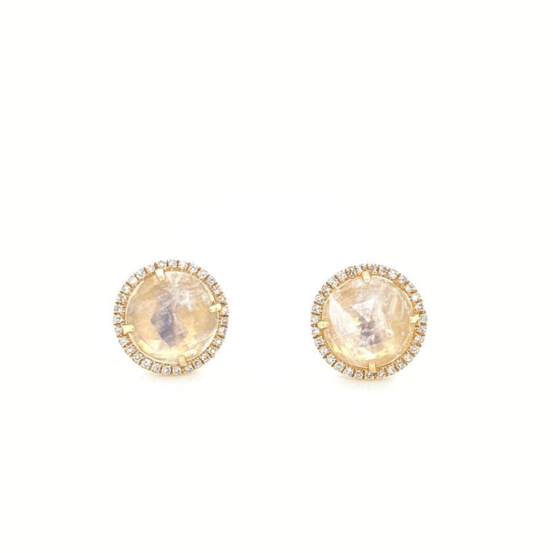 14K Yellow Gold Round Diamond + Round Moonstone Earrings