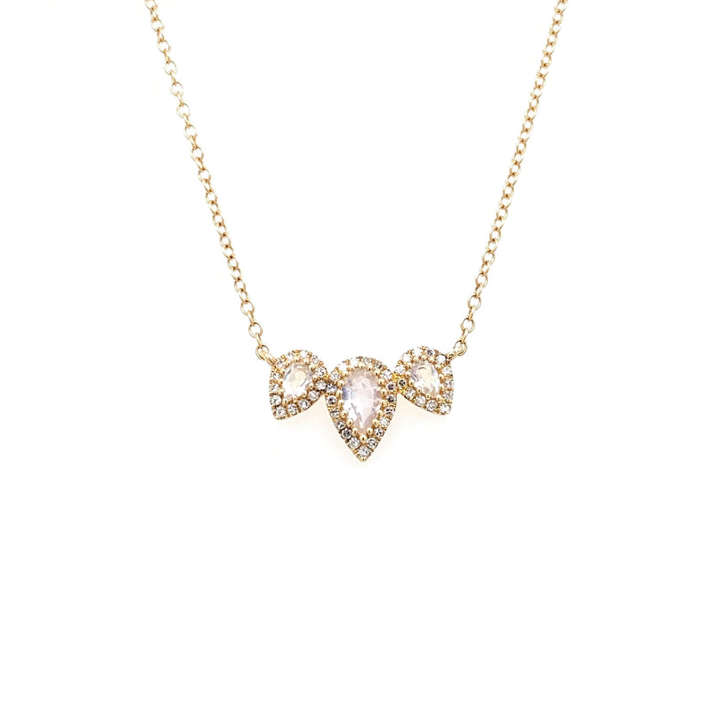 14K Rose Gold Round Diamond + Pear Shape Moonstone Necklace