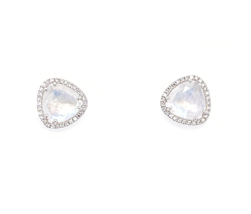 14K White Gold Round Diamond + Rainbow Moonstone Earrings
