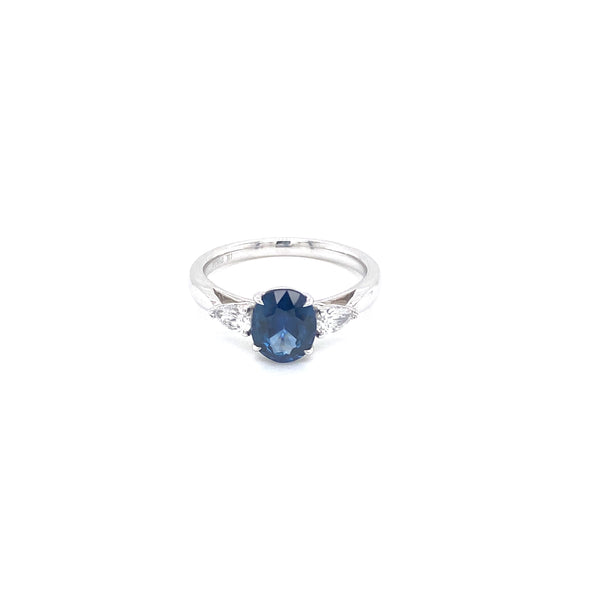 Platinum Oval Blue Sapphire + Pear Diamond ring-Rings-first image design corp-