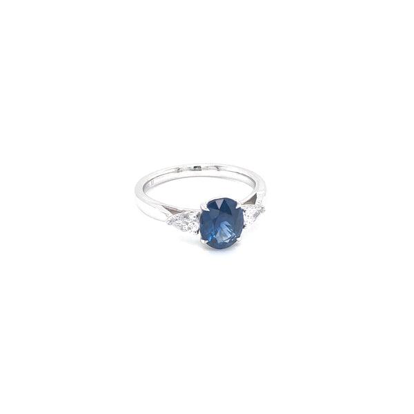 Platinum Oval Blue Sapphire + Pear Diamond ring-Rings-first image design corp-