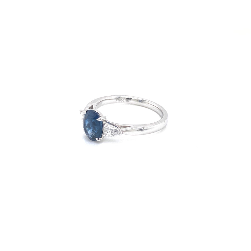 Platinum Oval Blue Sapphire + Pear Diamond ring