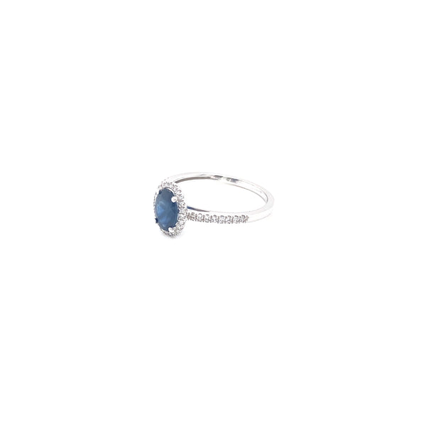14K White Gold Oval Blue Sapphire + Round Diamond Ring