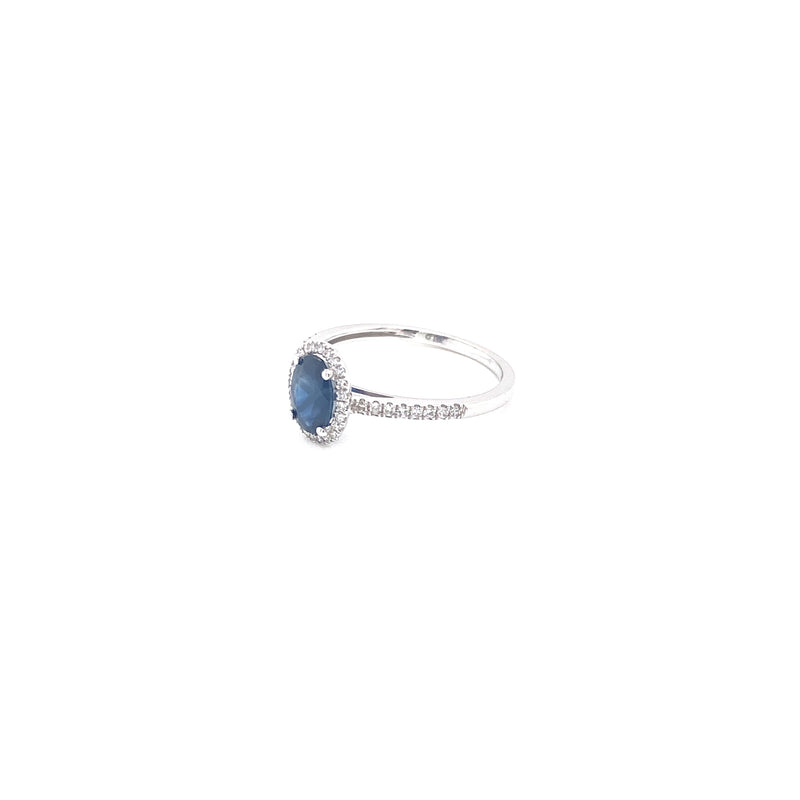 14K White Gold Oval Blue Sapphire + Round Diamond Ring-Rings-lau international-