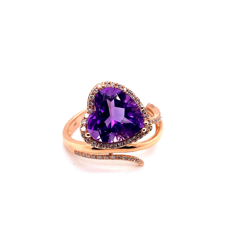 14K Rose Gold Diamond + Heart Amethyst Ring
