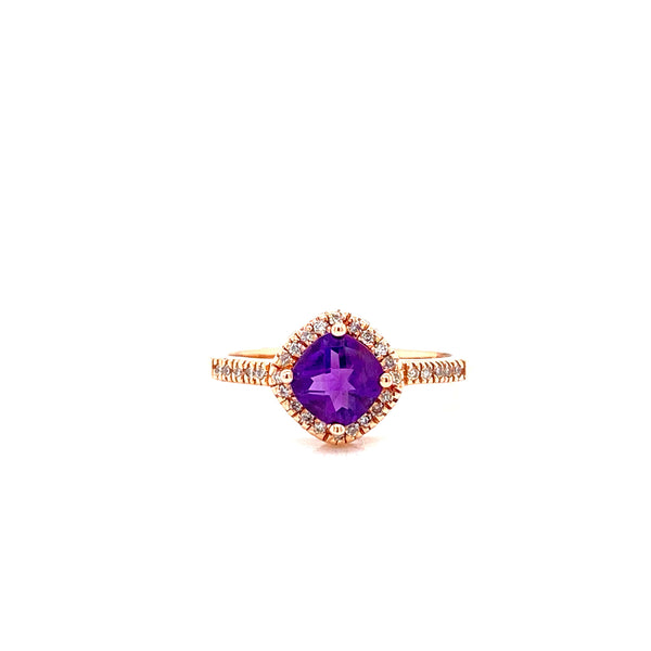 14K Rose Gold Diamond Halo + Cushion Amethyst Ring