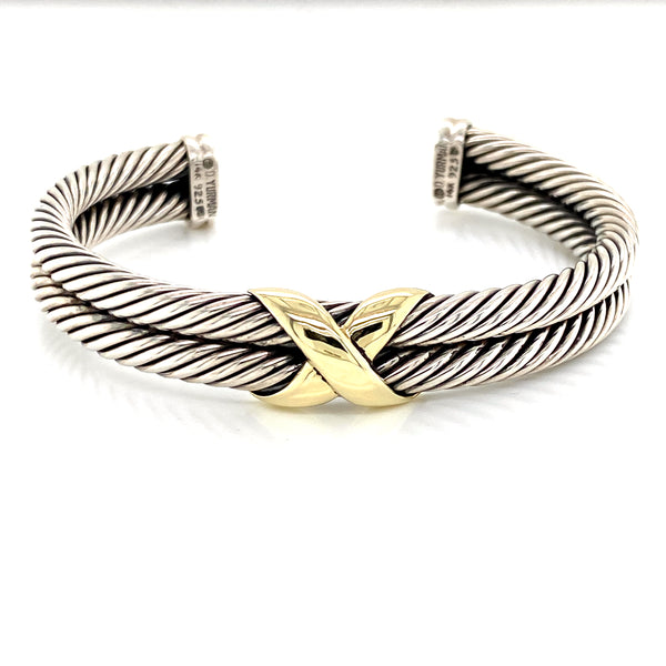 14K Yellow Gold + Sterling Silver "X" Cuff Bangle-Bangles-Maurice's Jewelers-