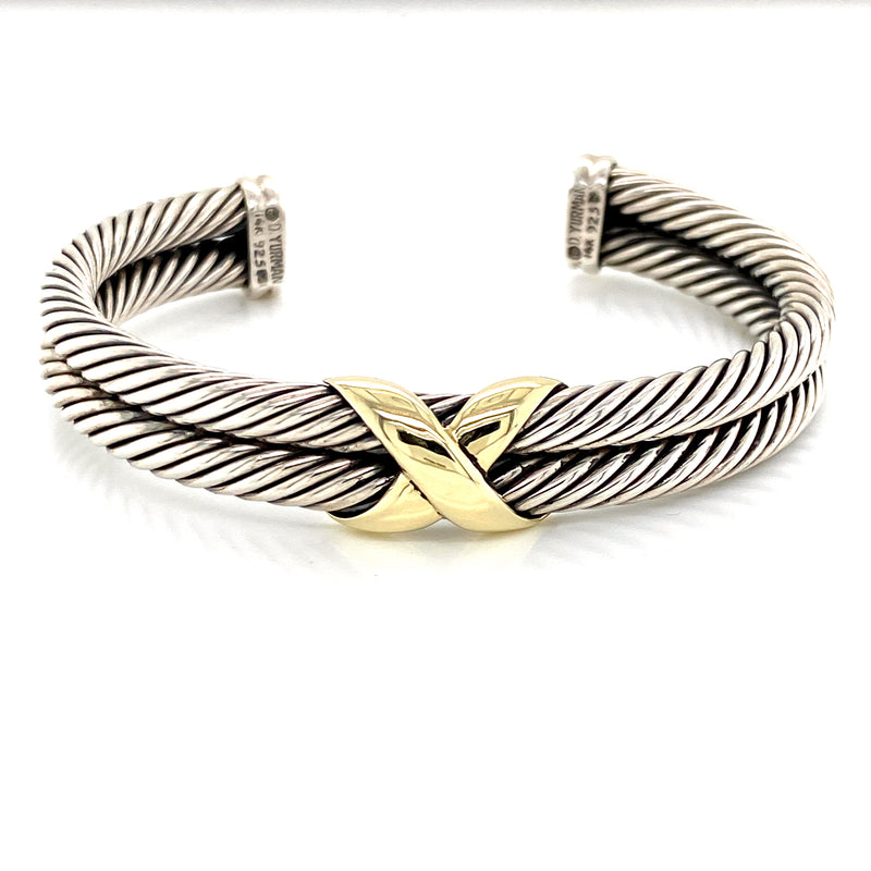 14K Yellow Gold + Sterling Silver "X" Cuff Bangle-Bangles-Maurice's Jewelers-
