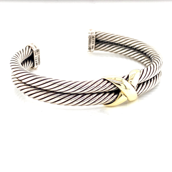 14K Yellow Gold + Sterling Silver "X" Cuff Bangle-Bangles-Maurice's Jewelers-