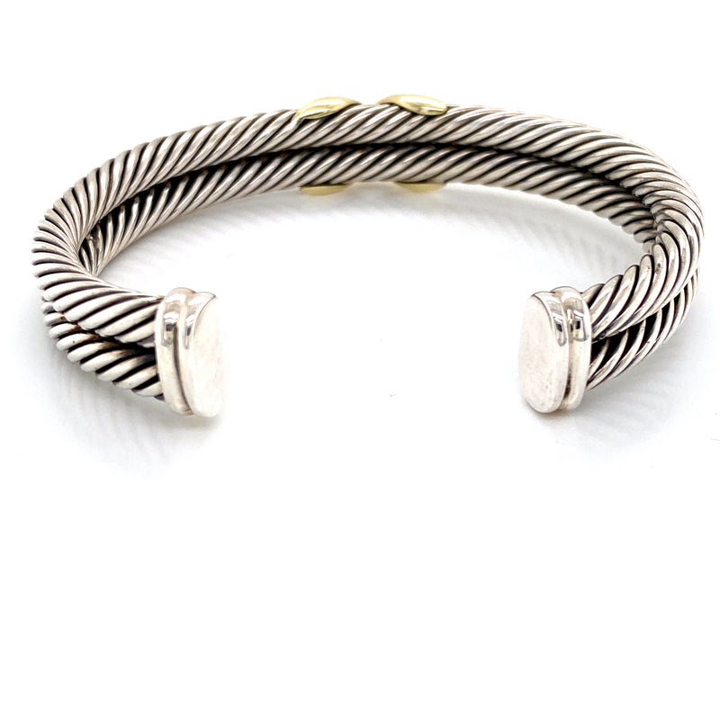 14K Yellow Gold + Sterling Silver "X" Cuff Bangle-Bangles-Maurice's Jewelers-