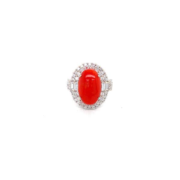 18K White Gold Diamond Mounting + Coral Ring