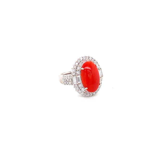 18K White Gold Diamond Mounting + Coral Ring