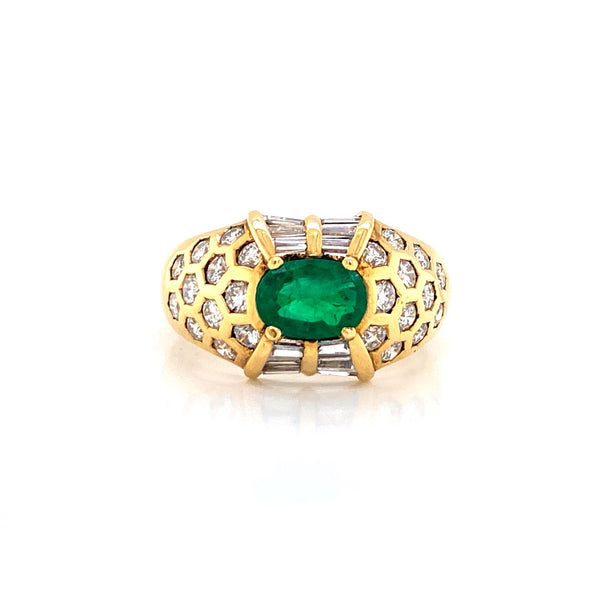 18K Yellow Gold Diamond + Emerald Ring