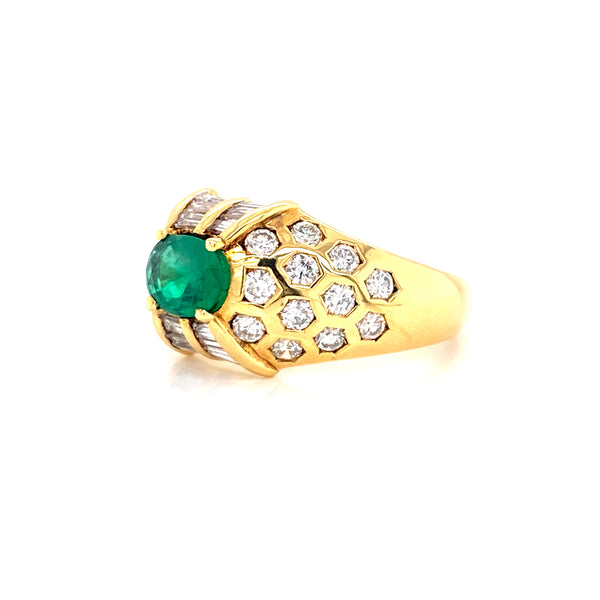 18K Yellow Gold Diamond + Emerald Ring